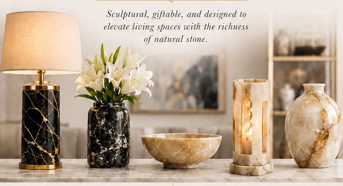 Curated ONYX natural stone décor pieces including lamps, vase, bowl and stone light