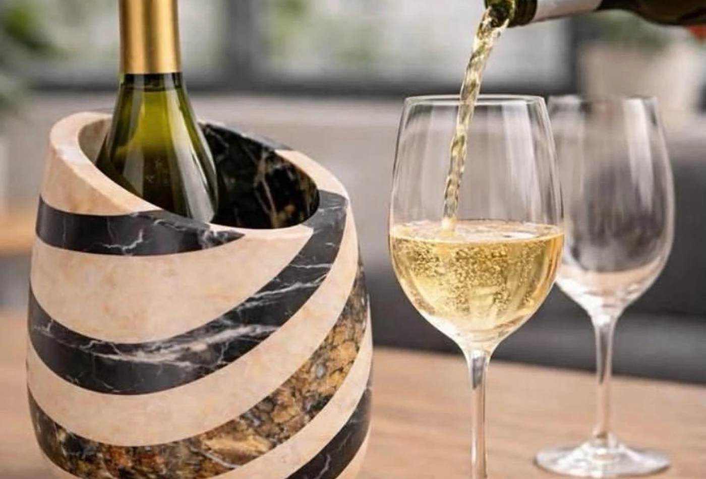 Signature spiral natural stone wine chiller with white wine glassware
