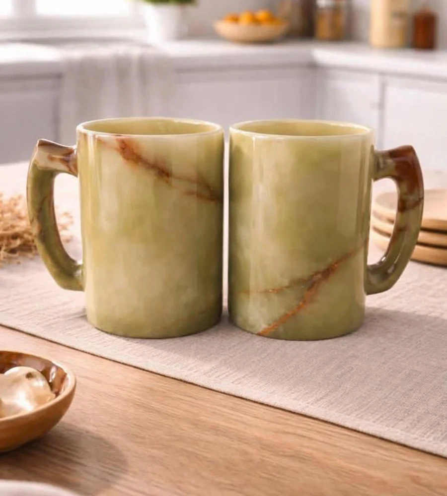 Pair of green onyx coffee mugs